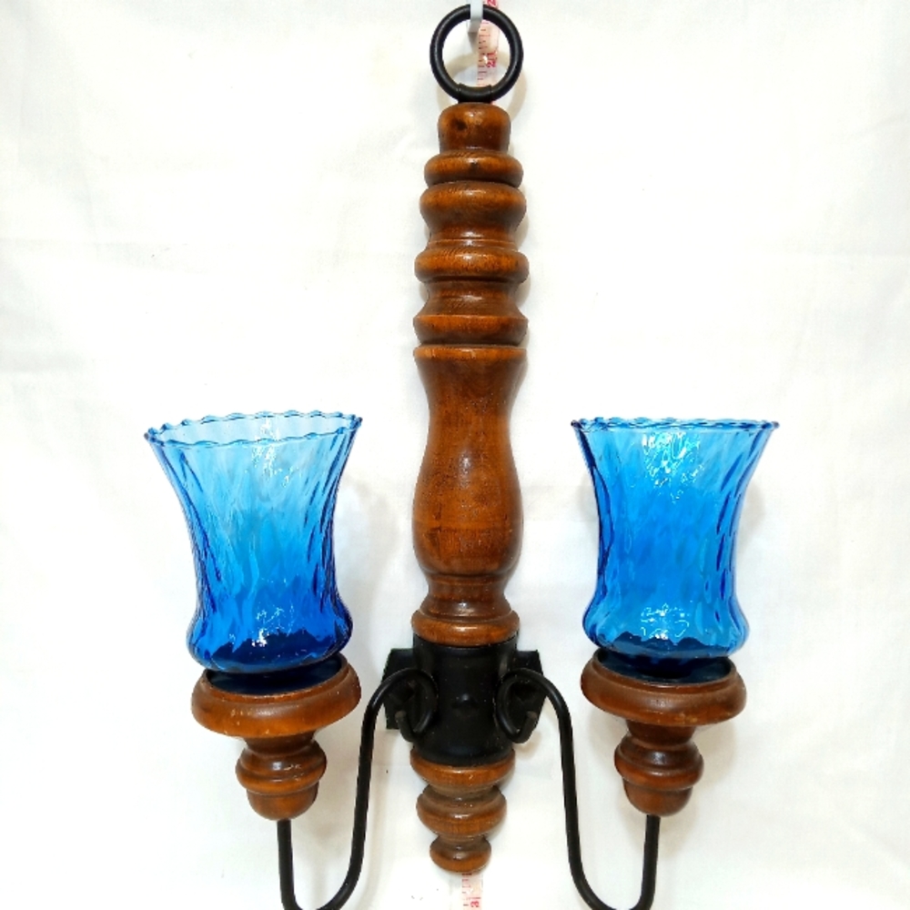 Vintage Wood and Metal 2 Candle Wall Sconce with Blue Glass Candle Jars.